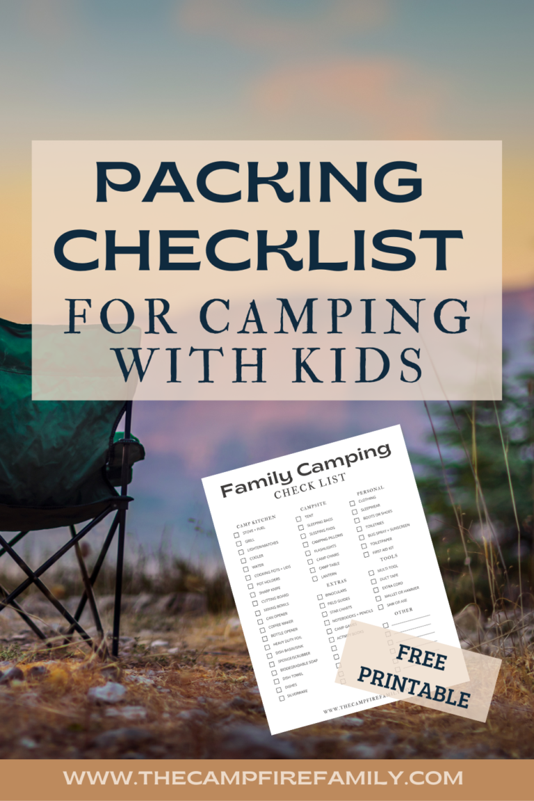 camp chair in mountains with text overlay that reads "packing checklist for camping with kids"