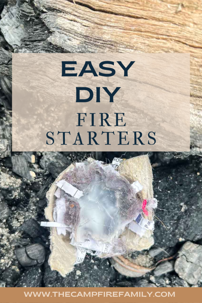 Homemade fire starter in fire pit with text overlay.