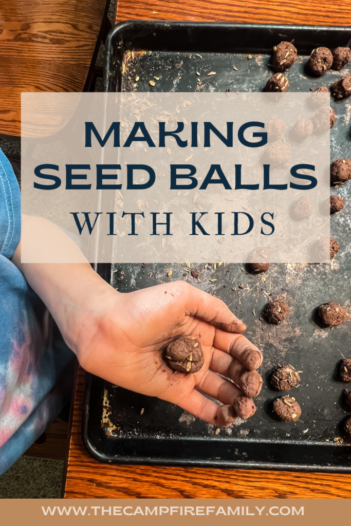 child's hand holding seed ball over tray where she is making more seed balls. With text overlay for Pinterest