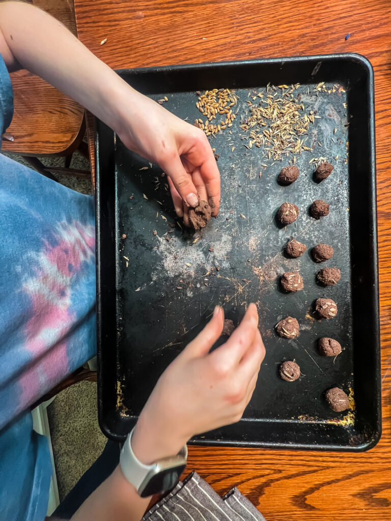 child working on baking tray to mix soil and seeds and form balls